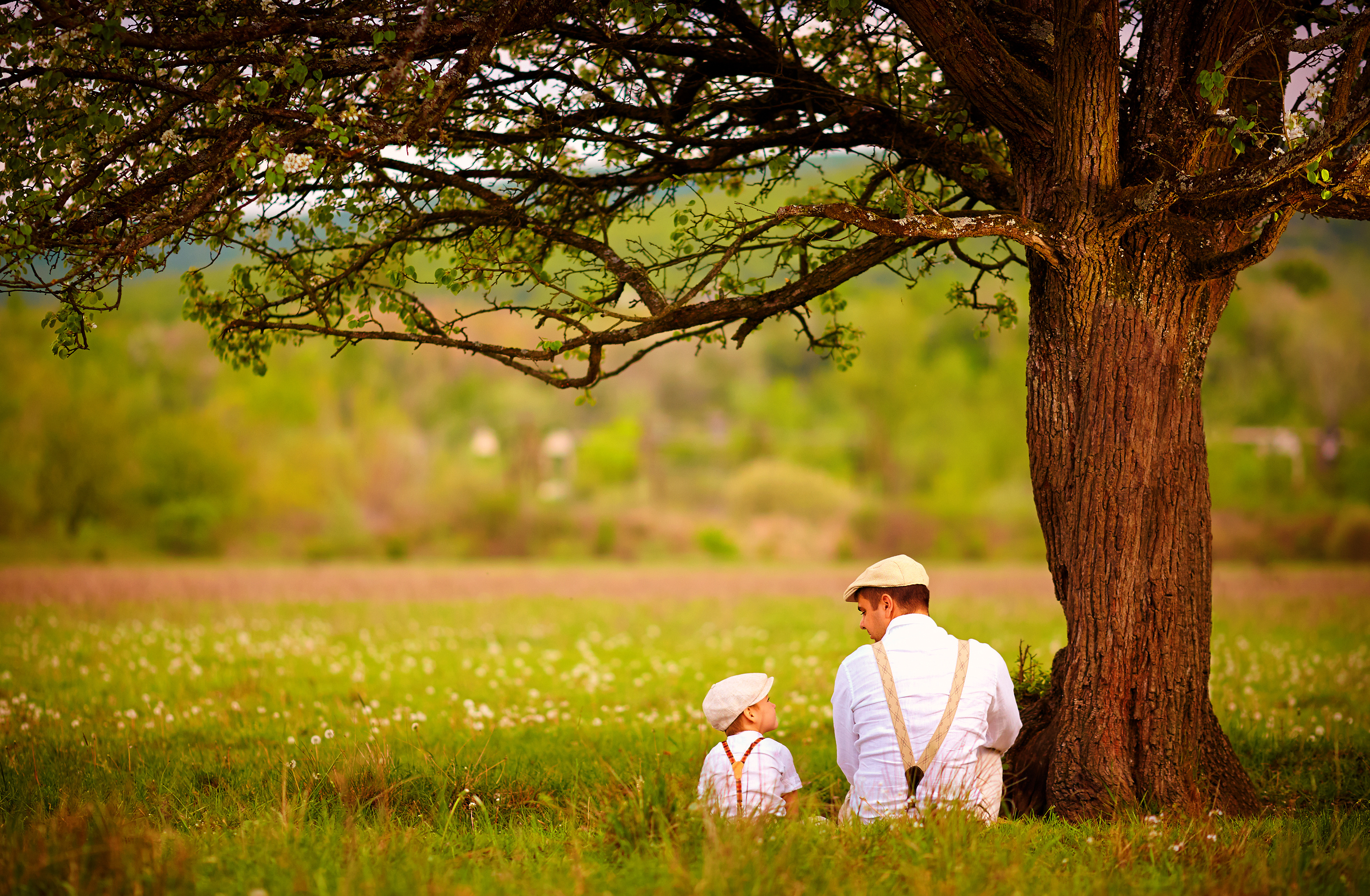 Adult and child sitting beneath a large tree in a sunlit meadow